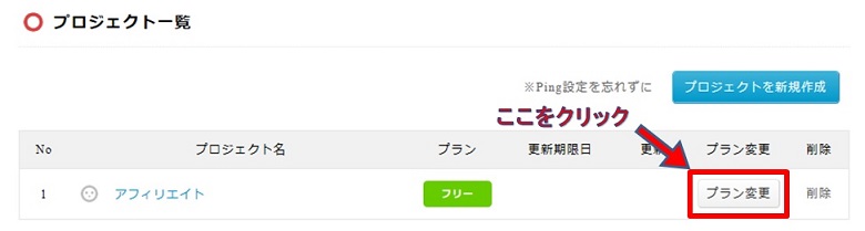 プロジェクト一覧プラン変更