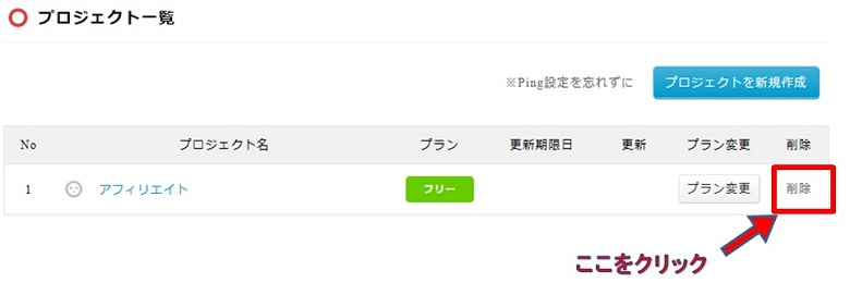 プロジェクト一覧削除