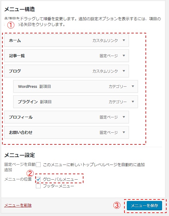 グローバルメニューの登録